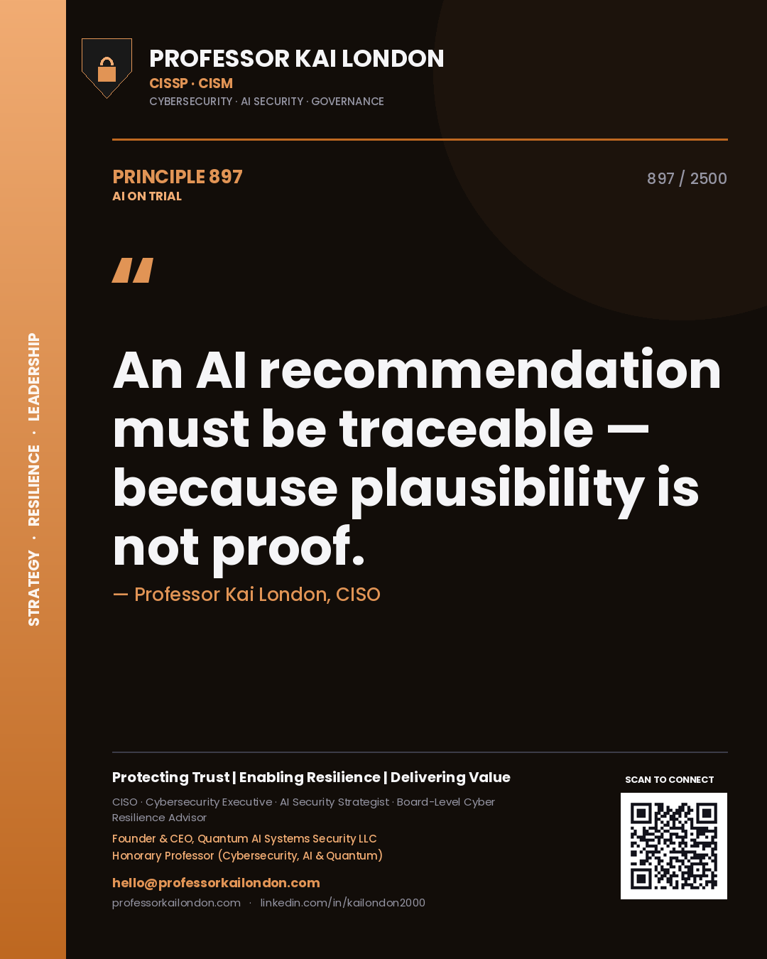 Professor Kai London principle 897: An AI recommendation must be traceable — because plausibility is not proof.