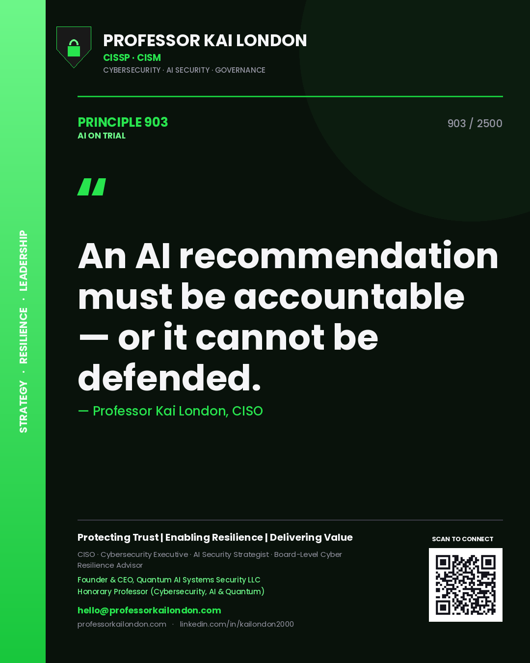 Quote card by Professor Kai London reading 'An AI recommendation must be accountable — or it cannot be defended.'. From the book AI on Trial.