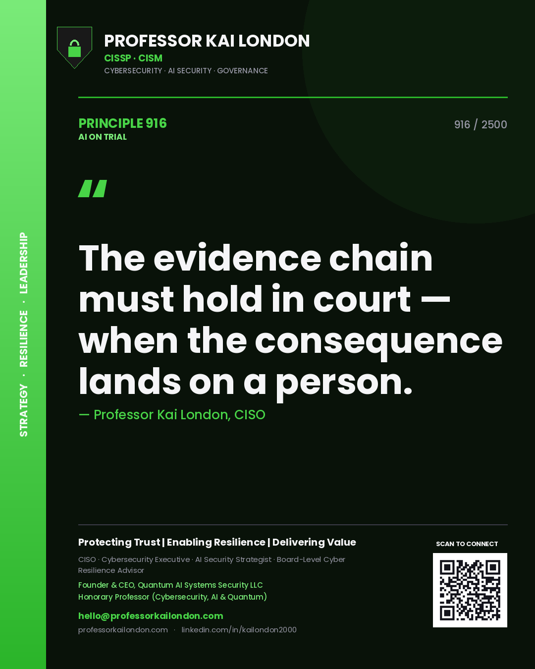 Quote card by Professor Kai London reading 'The evidence chain must hold in court — when the consequence lands on a person.'. From the book AI on Trial.