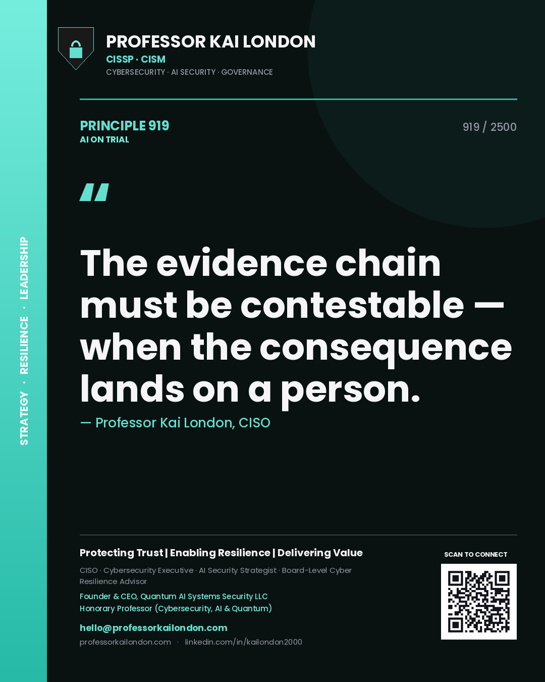 Professor Kai London principle 919: The evidence chain must be contestable — when the consequence lands on a person.