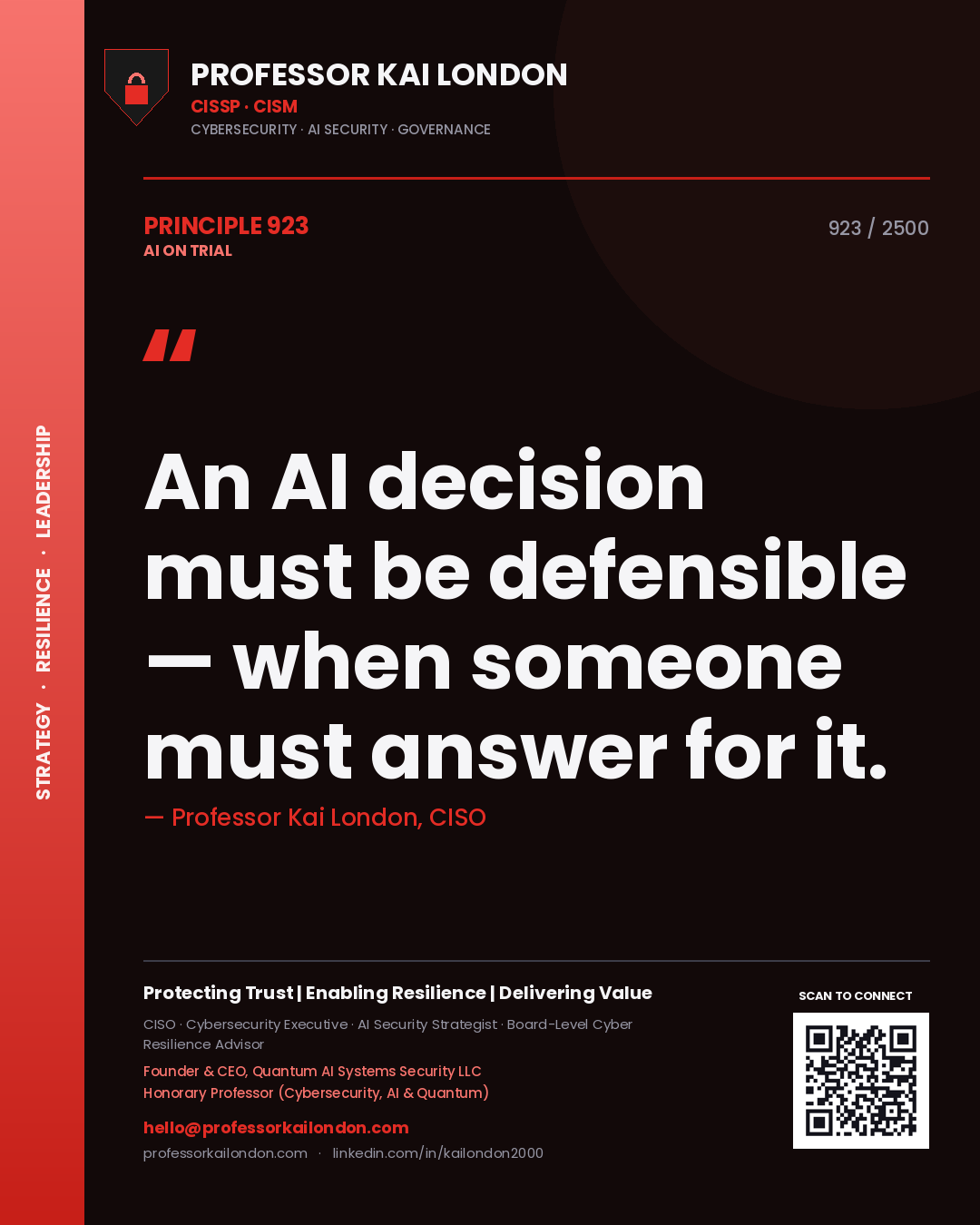 Quote card by Professor Kai London reading 'An AI decision must be defensible — when someone must answer for it.'. From the book AI on Trial.