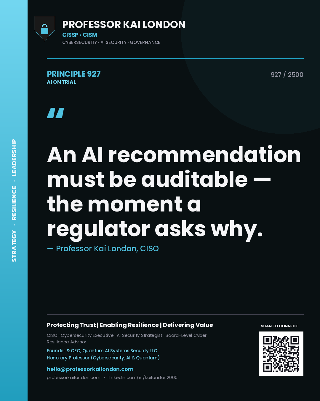Quote card by Professor Kai London reading 'An AI recommendation must be auditable — the moment a regulator asks why.'. From the book AI on Trial.