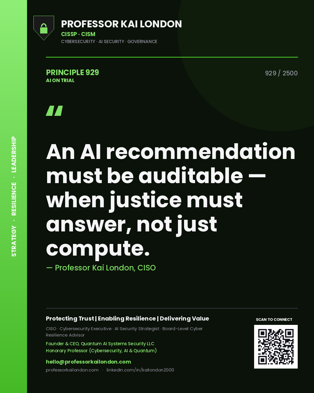 Quote card by Professor Kai London reading 'An AI recommendation must be auditable — when justice must answer, not just compute.'. From the book AI on Trial.