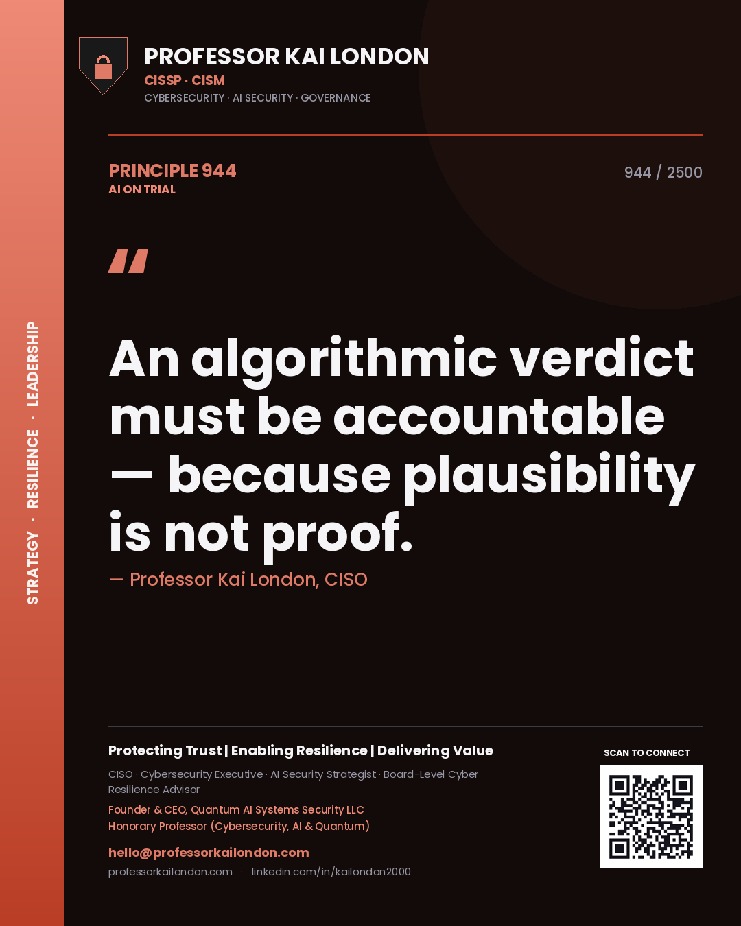 Quote card by Professor Kai London reading 'An algorithmic verdict must be accountable — because plausibility is not proof.'. From the book AI on Trial.