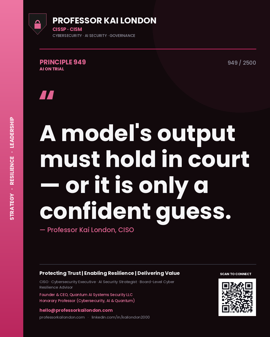 Quote card by Professor Kai London reading 'A model's output must hold in court — or it is only a confident guess.'. From the book AI on Trial.