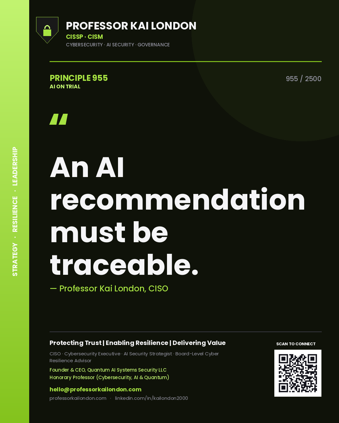 Quote card by Professor Kai London reading 'An AI recommendation must be traceable.'. From the book AI on Trial.