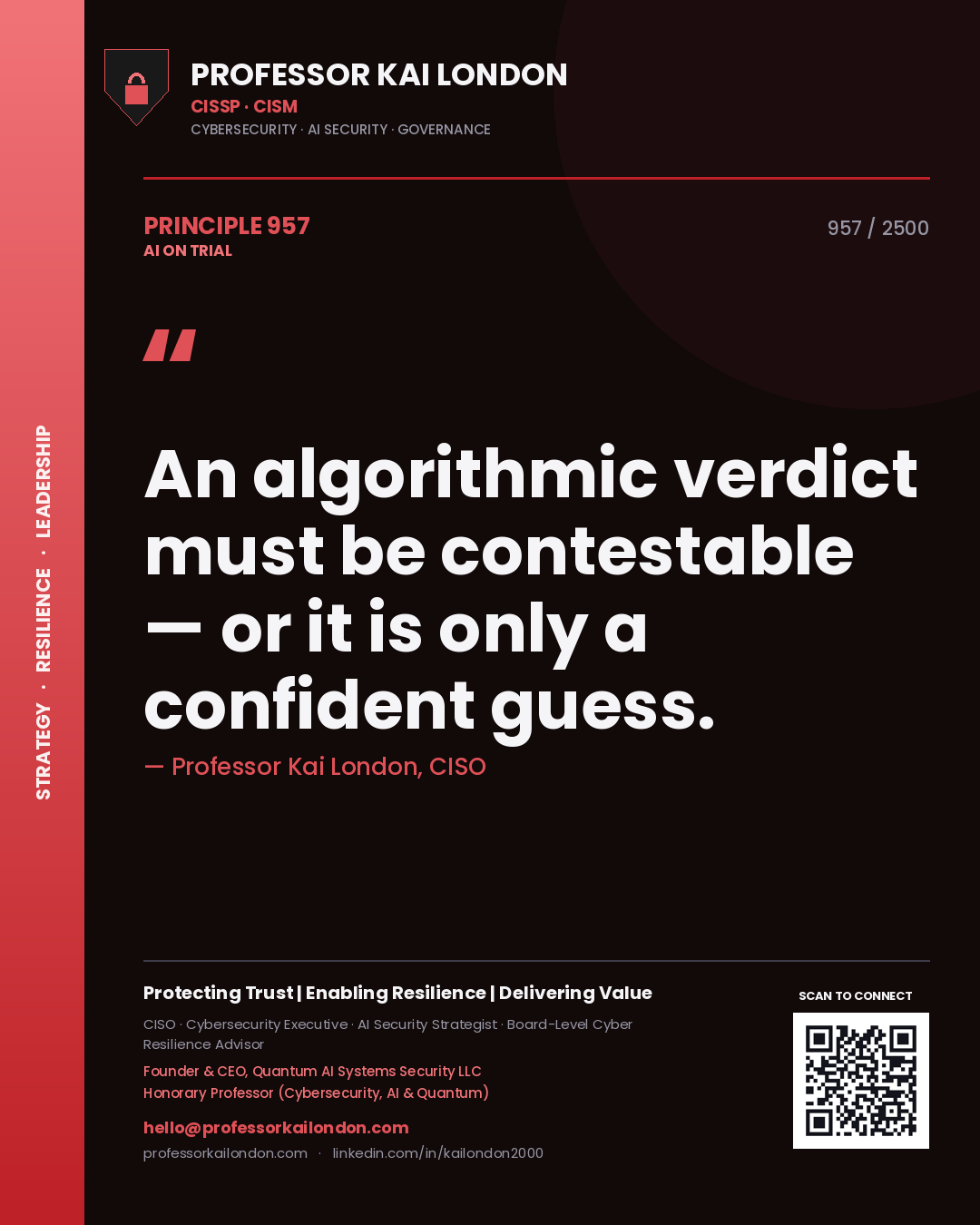 Professor Kai London principle 957: An algorithmic verdict must be contestable — or it is only a confident guess.