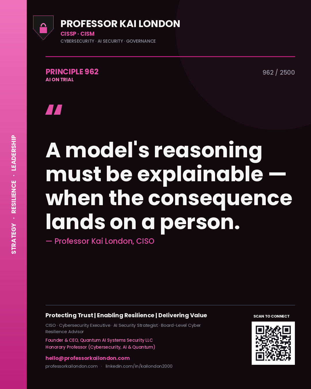 Quote card by Professor Kai London reading 'A model's reasoning must be explainable — when the consequence lands on a person.'. From the book AI on Trial.