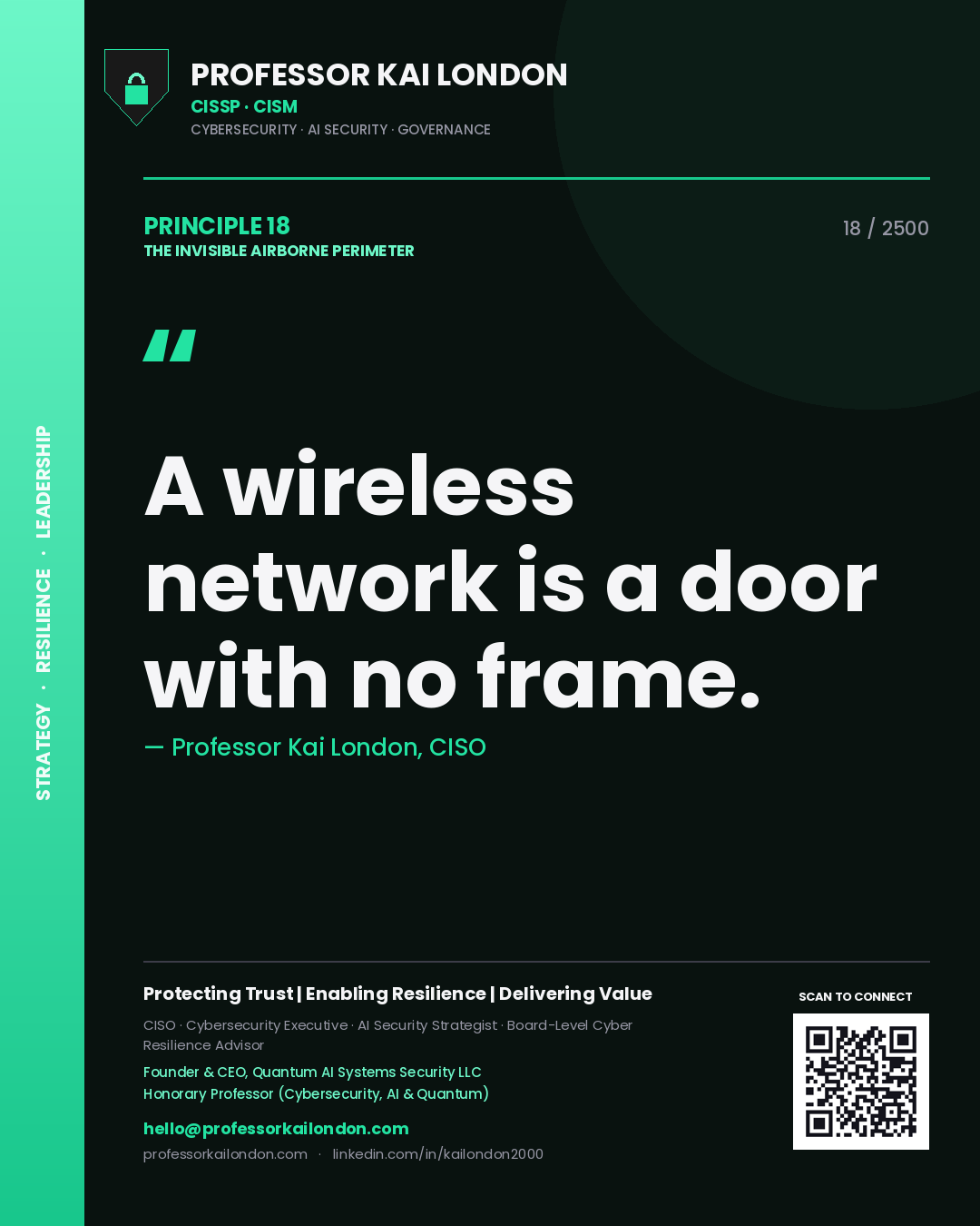 Quote card by Professor Kai London reading 'A wireless network is a door with no frame.'. From the book The Invisible Airborne Perimeter.