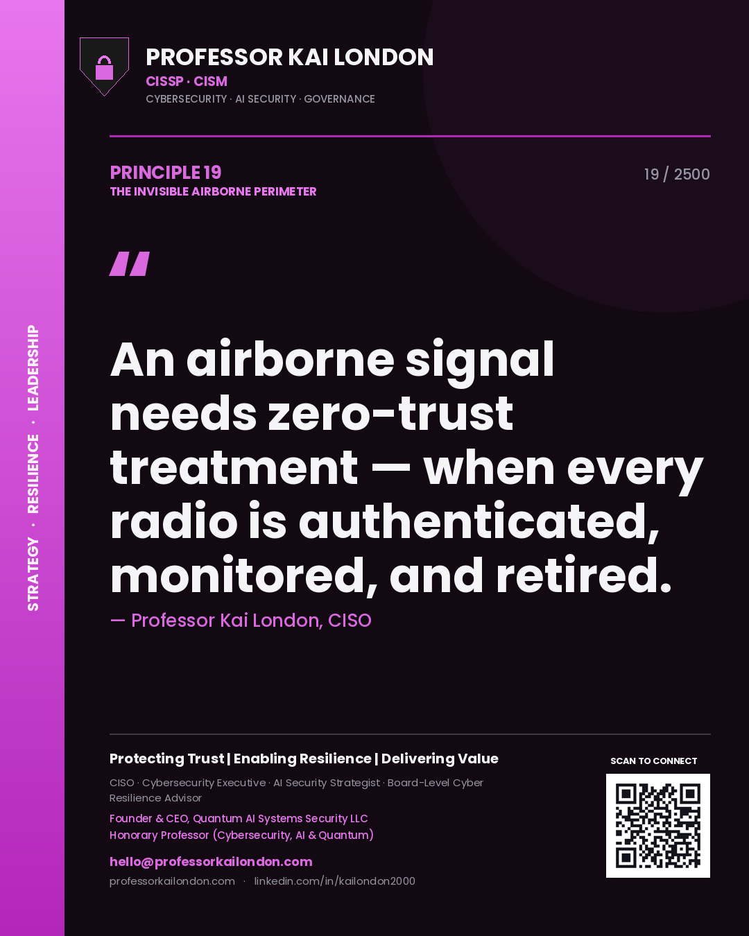 Quote card by Professor Kai London reading 'An airborne signal needs zero-trust treatment — when every radio is authenticated, monitored, and retired.'. From the book The Invisible Airborne Perimeter.