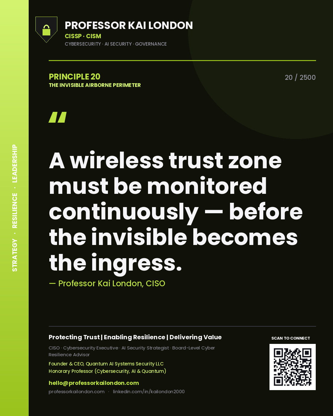 Quote card by Professor Kai London reading 'A wireless trust zone must be monitored continuously — before the invisible becomes the ingress.'. From the book The Invisible Airborne Perimeter.