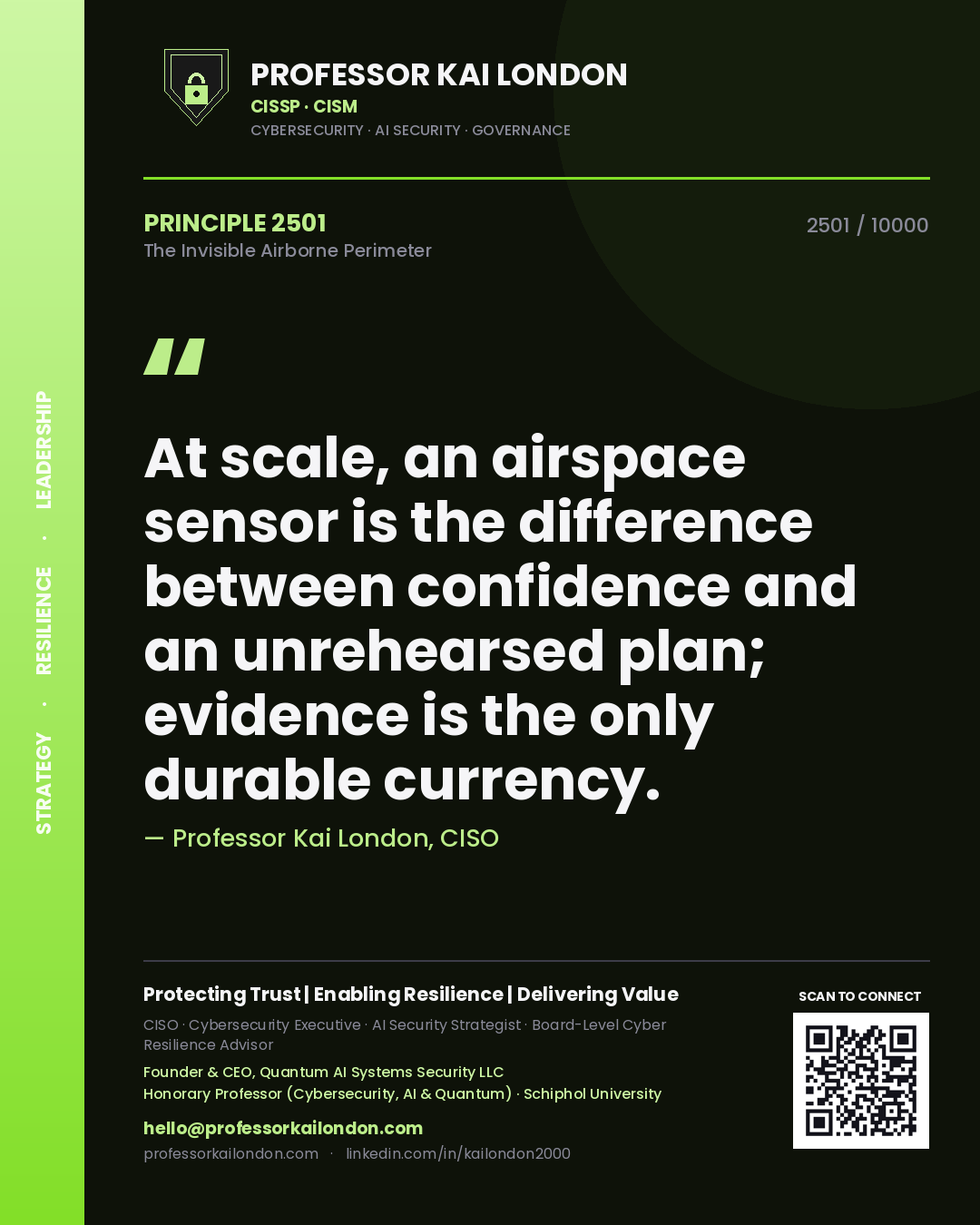 Quote card by Professor Kai London reading 'At scale, an airspace sensor is the difference between confidence and an unrehearsed plan; evidence is the only durable currency.'. From the book The Invisible Airborne Perimeter.