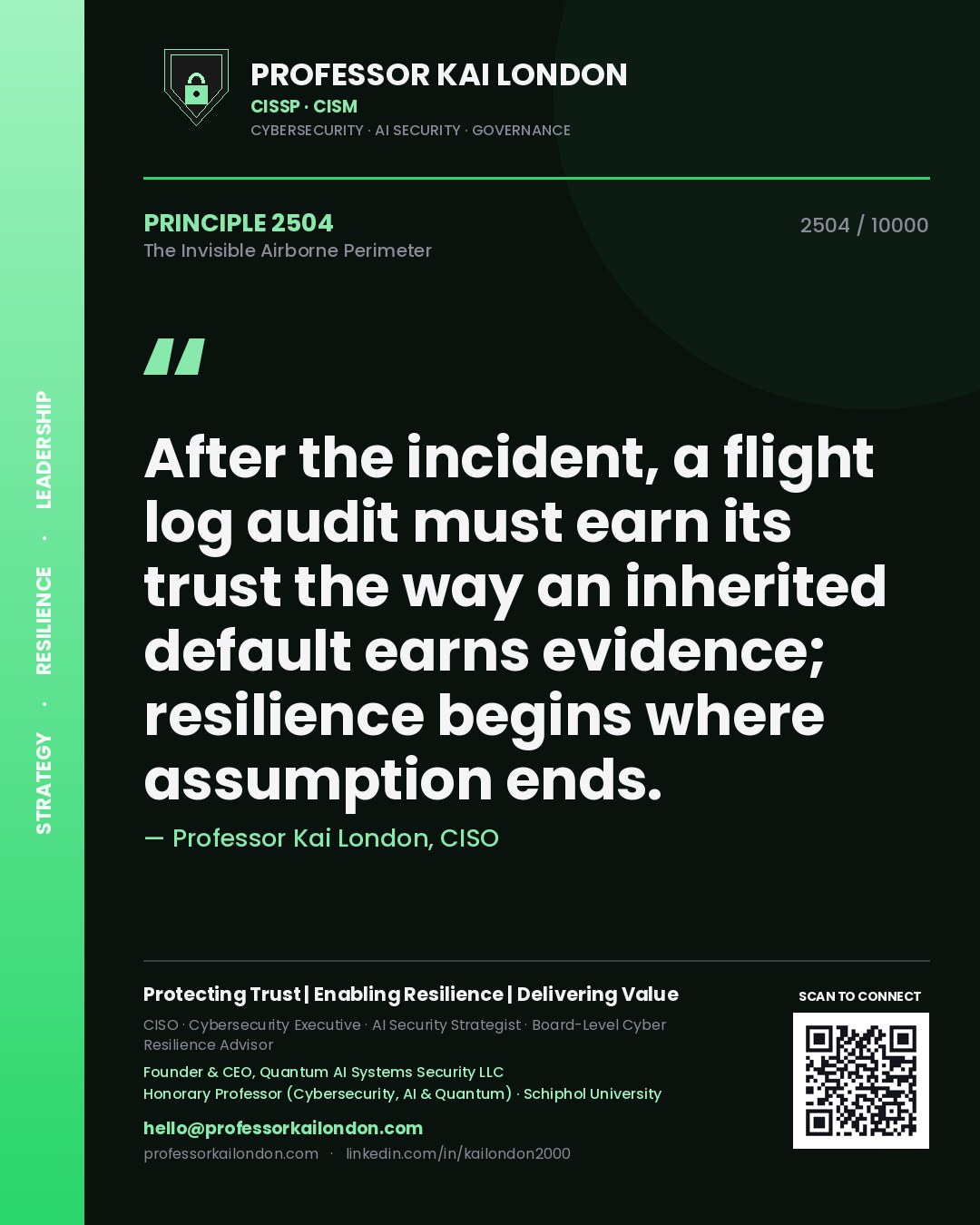 Quote card by Professor Kai London reading 'After the incident, a flight log audit must earn its trust the way an inherited default earns evidence; resilience begins where assumption ends.'. From the book The Invisible Airborne Perimeter.
