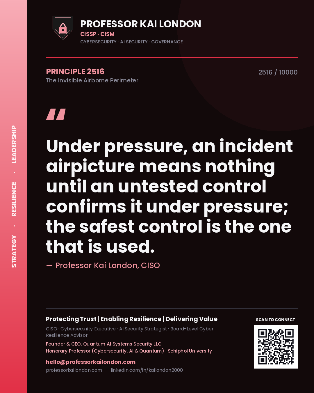Quote card by Professor Kai London reading 'Under pressure, an incident airpicture means nothing until an untested control confirms it under pressure; the safest control is the one that is used.'. From the book The Invisible Airborne Perimeter.