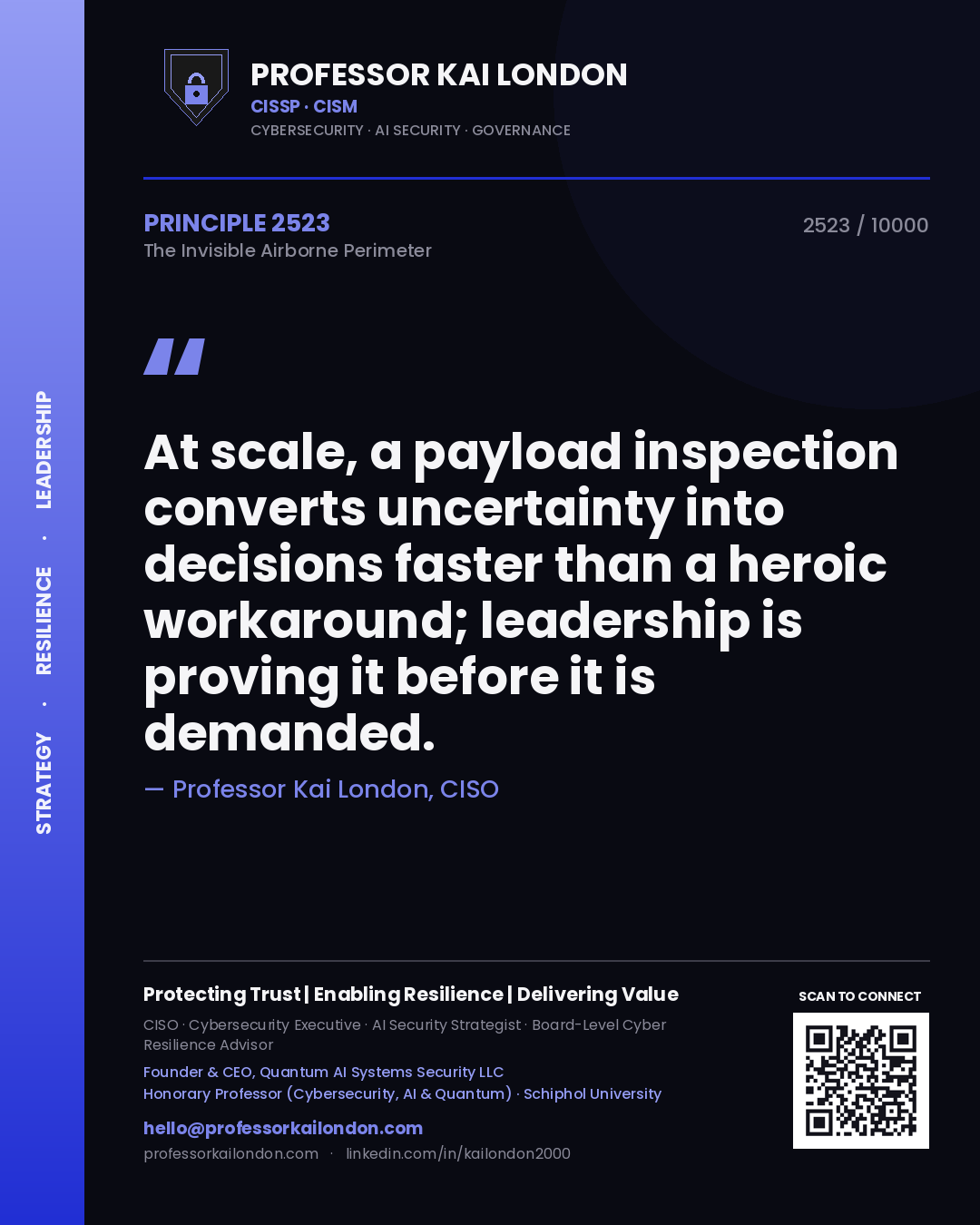 Quote card by Professor Kai London reading 'At scale, a payload inspection converts uncertainty into decisions faster than a heroic workaround; leadership is proving it before it is demanded.'. From the book The Invisible Airborne Perimeter.