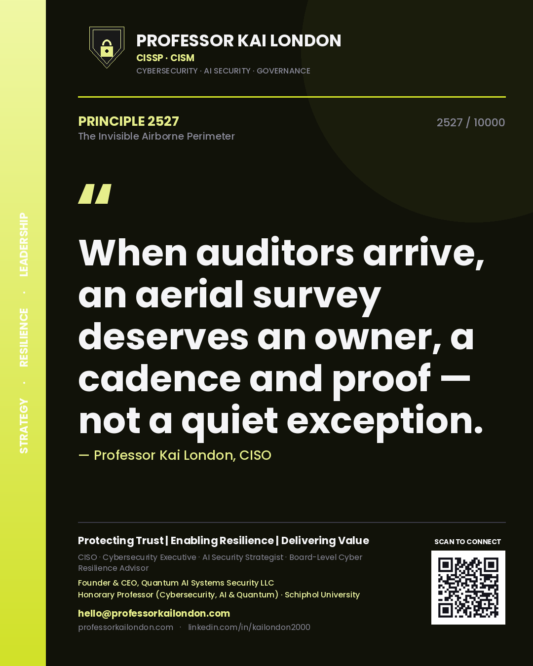 Quote card by Professor Kai London reading 'When auditors arrive, an aerial survey deserves an owner, a cadence and proof — not a quiet exception.'. From the book The Invisible Airborne Perimeter.