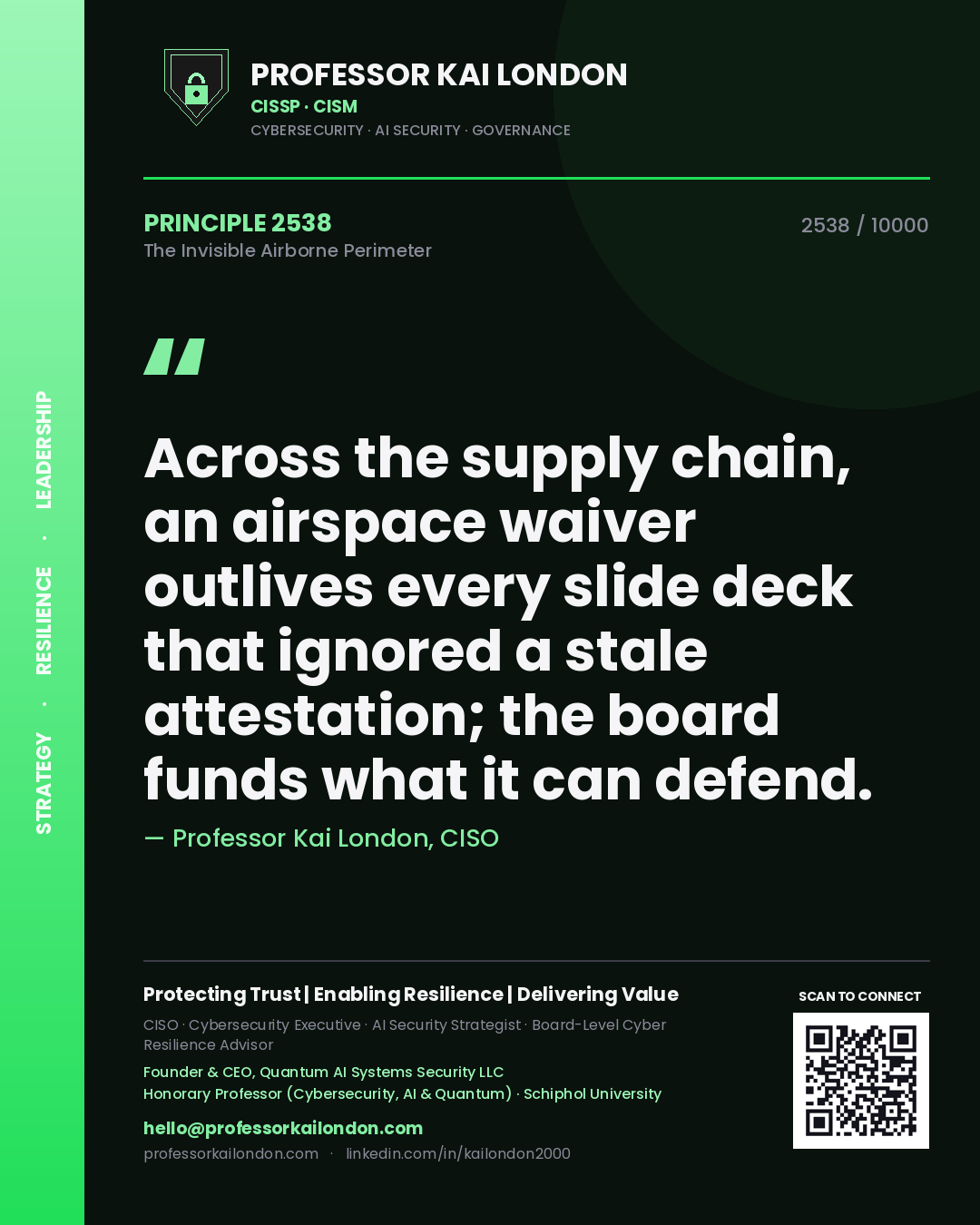 Professor Kai London principle 2538: Across the supply chain, an airspace waiver outlives every slide deck that ignored a stale attestation; the board funds what it can defend.