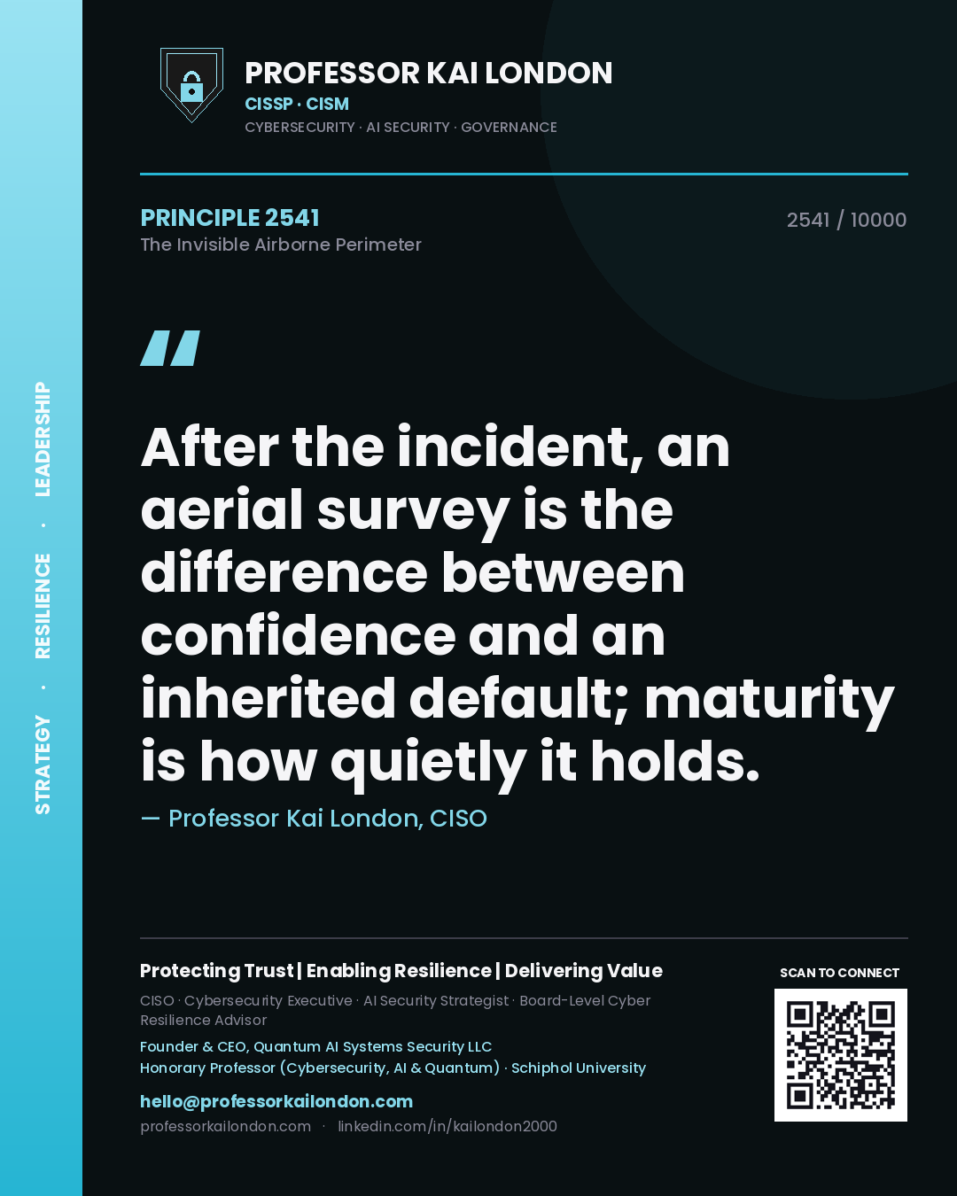 Quote card by Professor Kai London reading 'After the incident, an aerial survey is the difference between confidence and an inherited default; maturity is how quietly it holds.'. From the book The Invisible Airborne Perimeter.