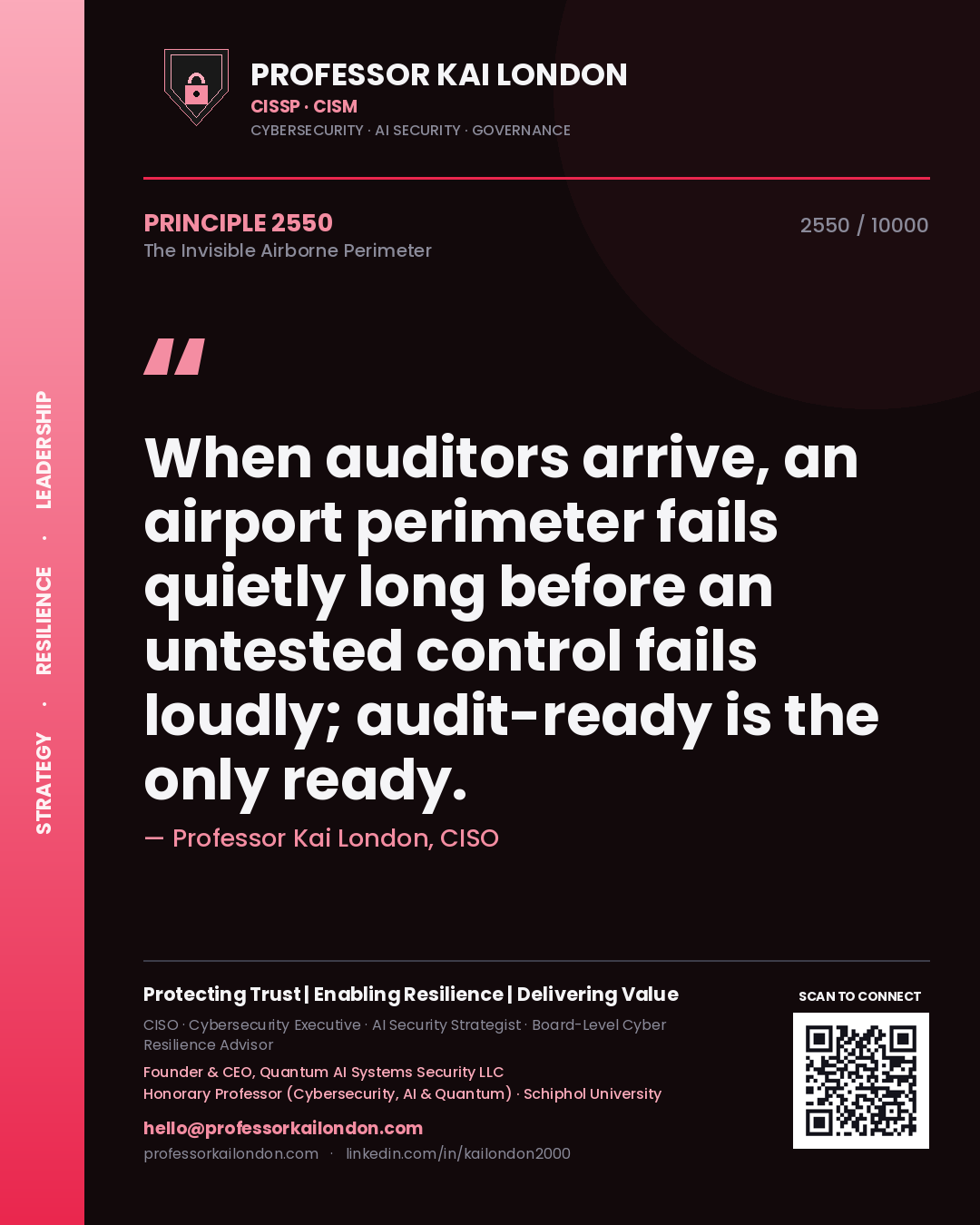 Quote card by Professor Kai London reading 'When auditors arrive, an airport perimeter fails quietly long before an untested control fails loudly; audit-ready is the only ready.'. From the book The Invisible Airborne Perimeter.