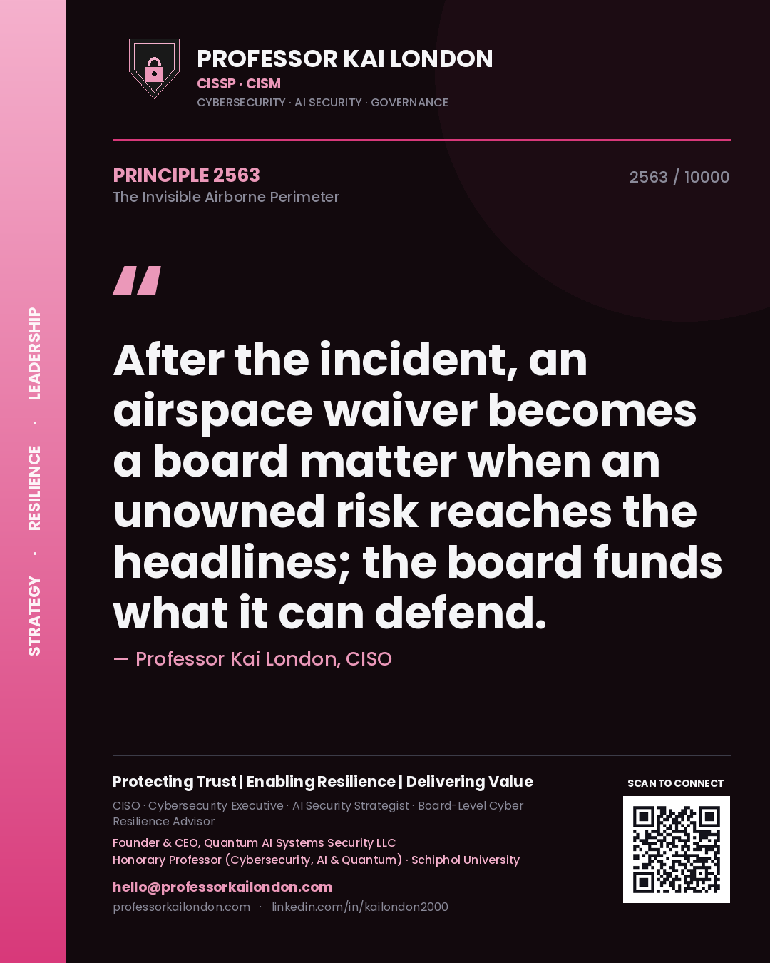 Quote card by Professor Kai London reading 'After the incident, an airspace waiver becomes a board matter when an unowned risk reaches the headlines; the board funds what it can defend.'. From the book The Invisible Airborne Perimeter.