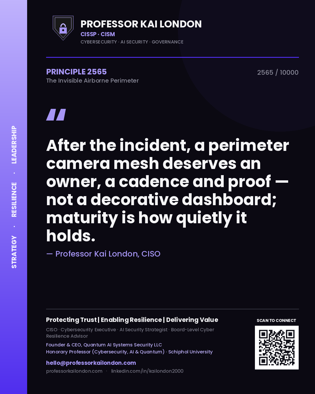 Quote card by Professor Kai London reading 'After the incident, a perimeter camera mesh deserves an owner, a cadence and proof — not a decorative dashboard; maturity is how quietly it holds.'. From the book The Invisible Airborne Perimeter.