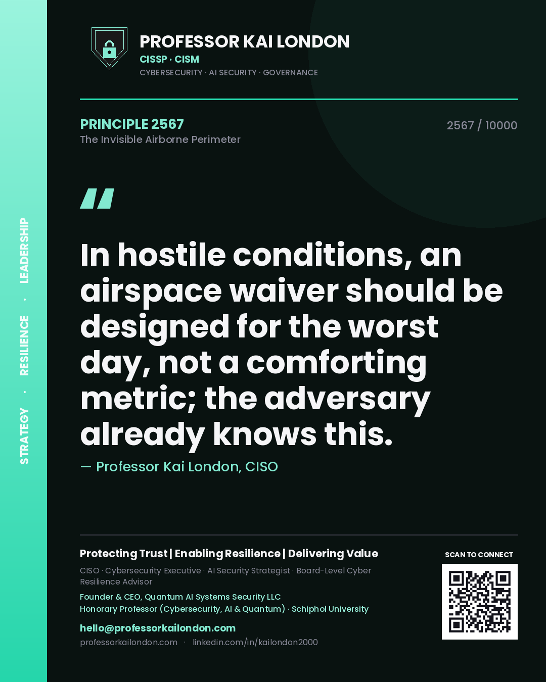 Quote card by Professor Kai London reading 'In hostile conditions, an airspace waiver should be designed for the worst day, not a comforting metric; the adversary already knows this.'. From the book The Invisible Airborne Perimeter.
