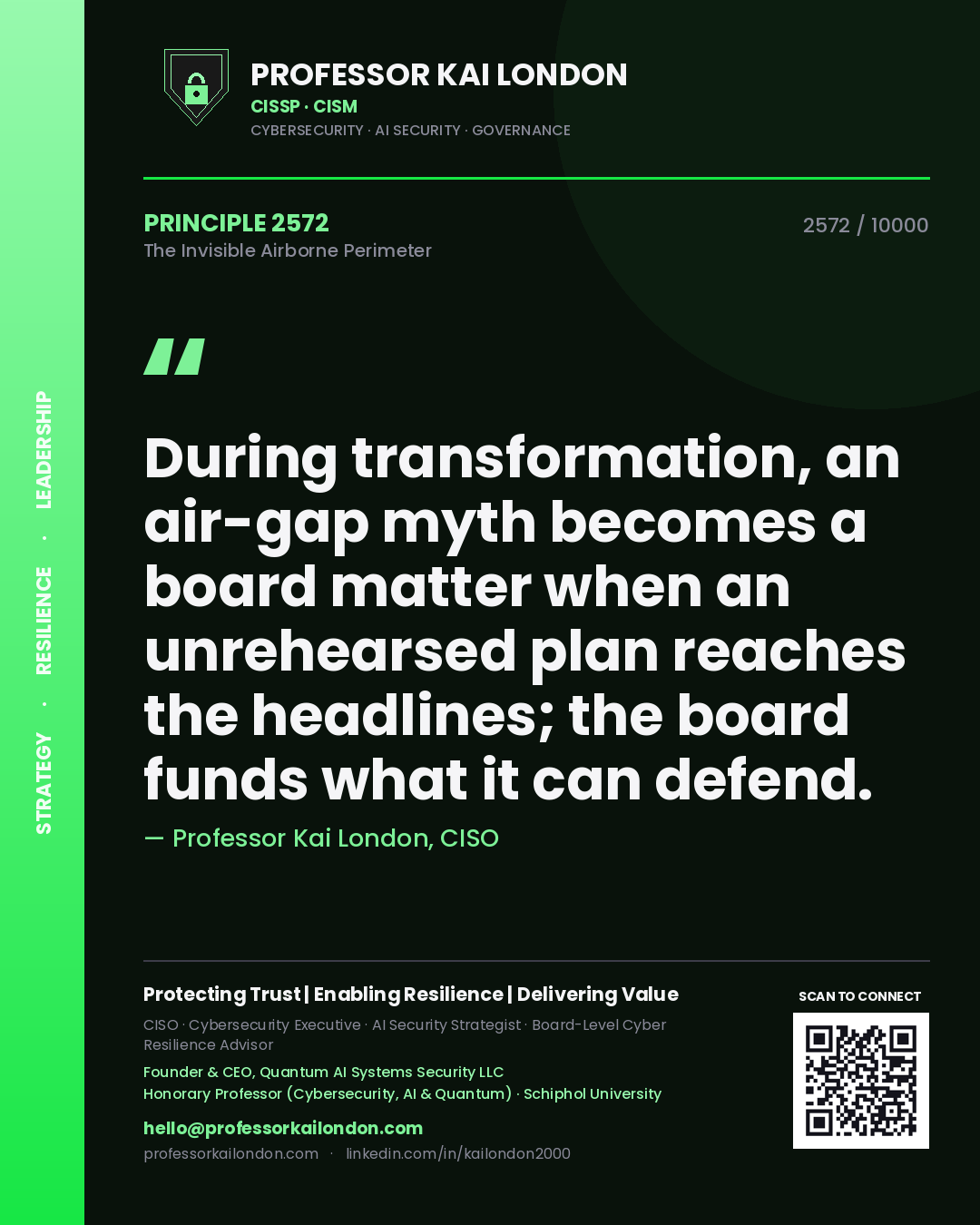 Quote card by Professor Kai London reading 'During transformation, an air-gap myth becomes a board matter when an unrehearsed plan reaches the headlines; the board funds what it can defend.'. From the book The Invisible Airborne Perimeter.