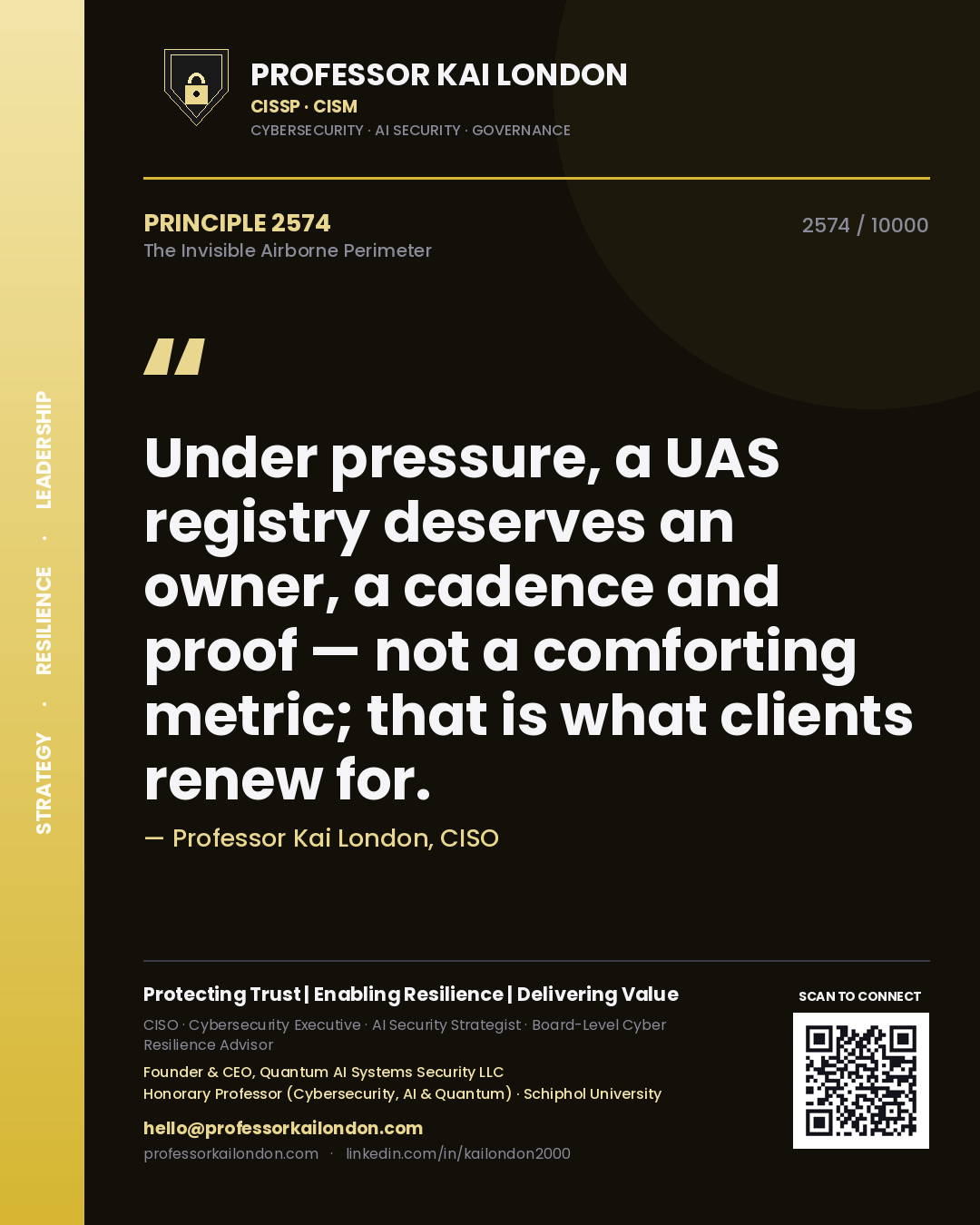 Quote card by Professor Kai London reading 'Under pressure, a UAS registry deserves an owner, a cadence and proof — not a comforting metric; that is what clients renew for.'. From the book The Invisible Airborne Perimeter.