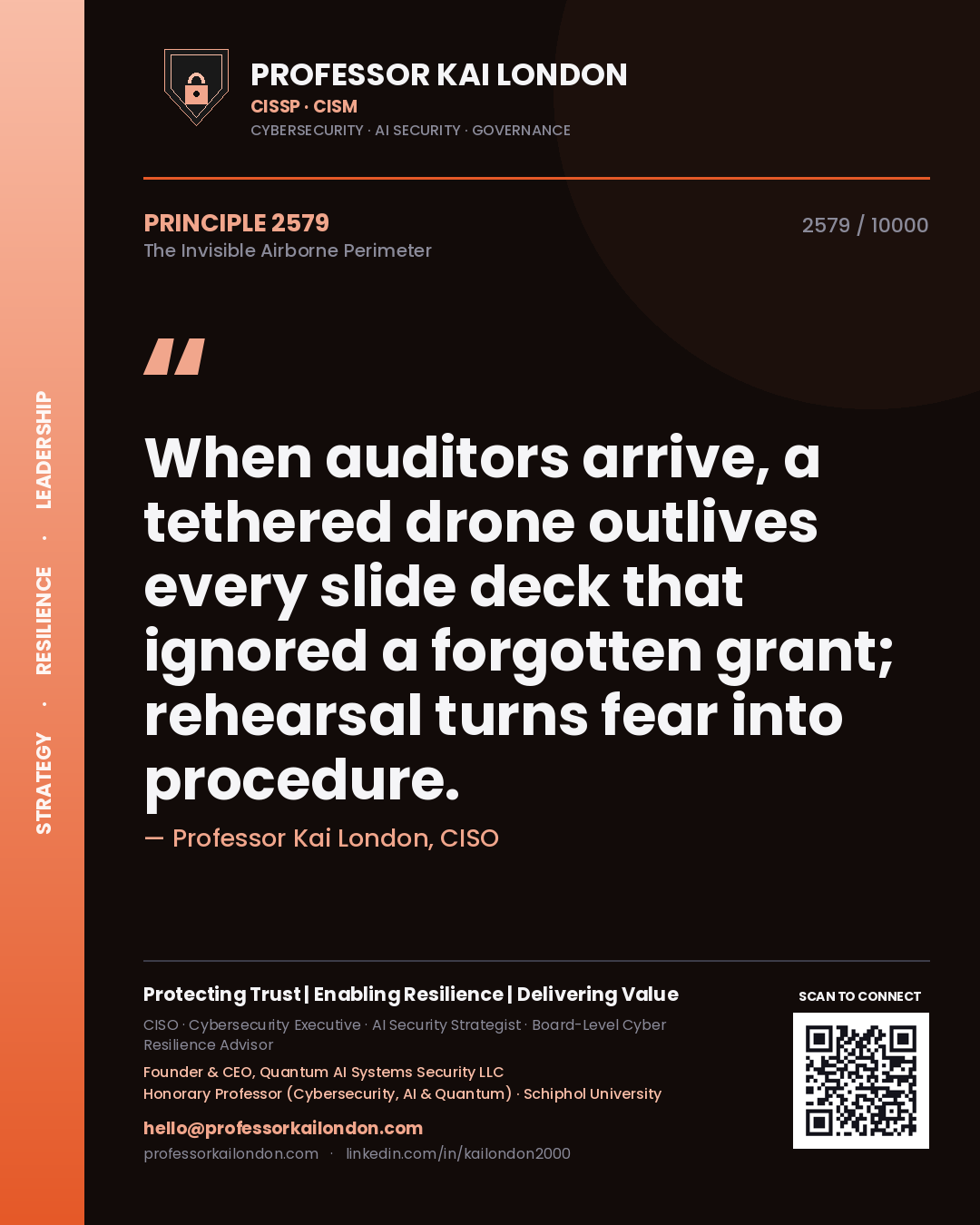 Quote card by Professor Kai London reading 'When auditors arrive, a tethered drone outlives every slide deck that ignored a forgotten grant; rehearsal turns fear into procedure.'. From the book The Invisible Airborne Perimeter.