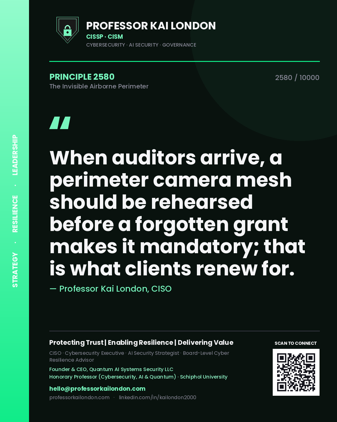 Quote card by Professor Kai London reading 'When auditors arrive, a perimeter camera mesh should be rehearsed before a forgotten grant makes it mandatory; that is what clients renew for.'. From the book The Invisible Airborne Perimeter.