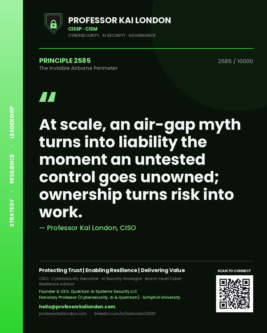Quote card by Professor Kai London reading 'At scale, an air-gap myth turns into liability the moment an untested control goes unowned; ownership turns risk into work.'. From the book The Invisible Airborne Perimeter.
