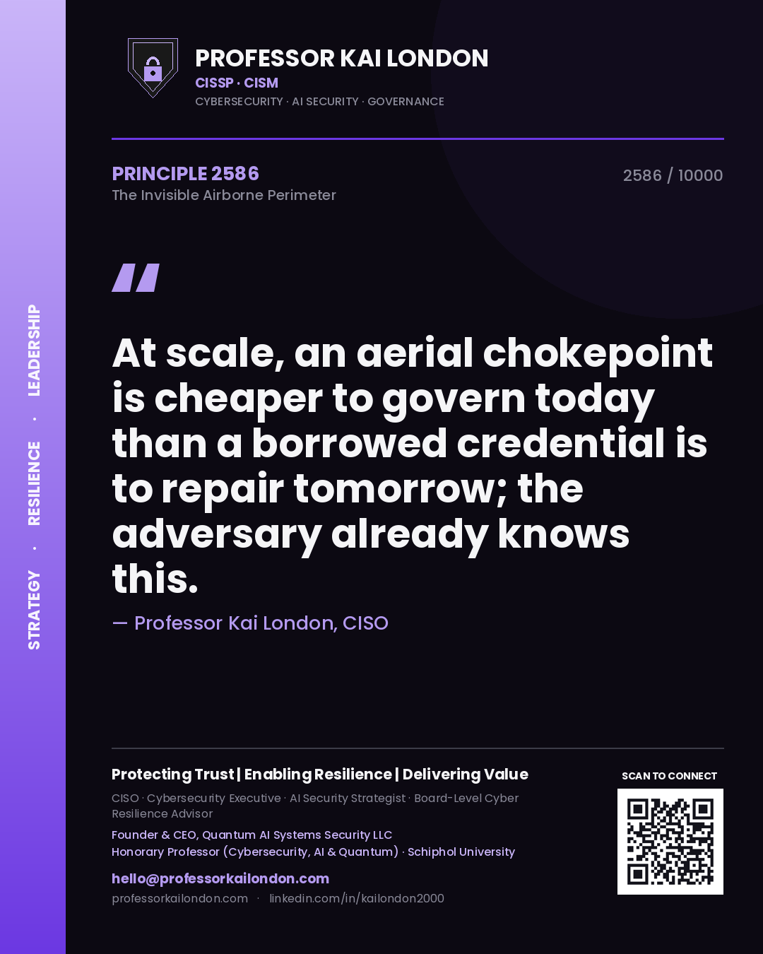 Quote card by Professor Kai London reading 'At scale, an aerial chokepoint is cheaper to govern today than a borrowed credential is to repair tomorrow; the adversary already knows this.'. From the book The Invisible Airborne Perimeter.