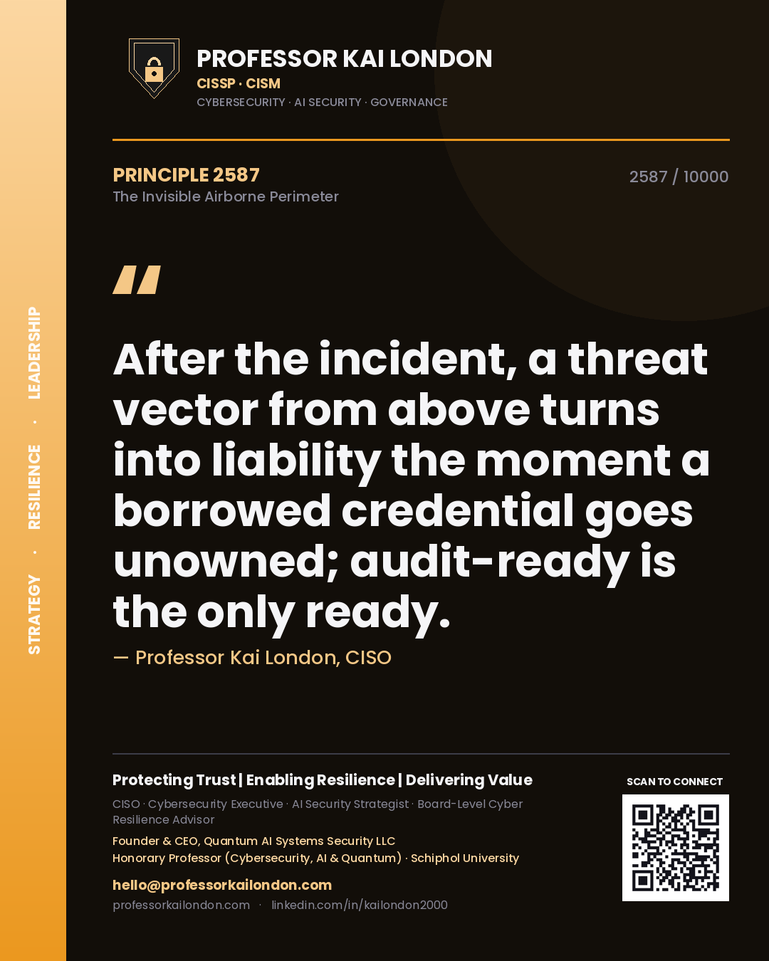 Quote card by Professor Kai London reading 'After the incident, a threat vector from above turns into liability the moment a borrowed credential goes unowned; audit-ready is the only ready.'. From the book The Invisible Airborne Perimeter.