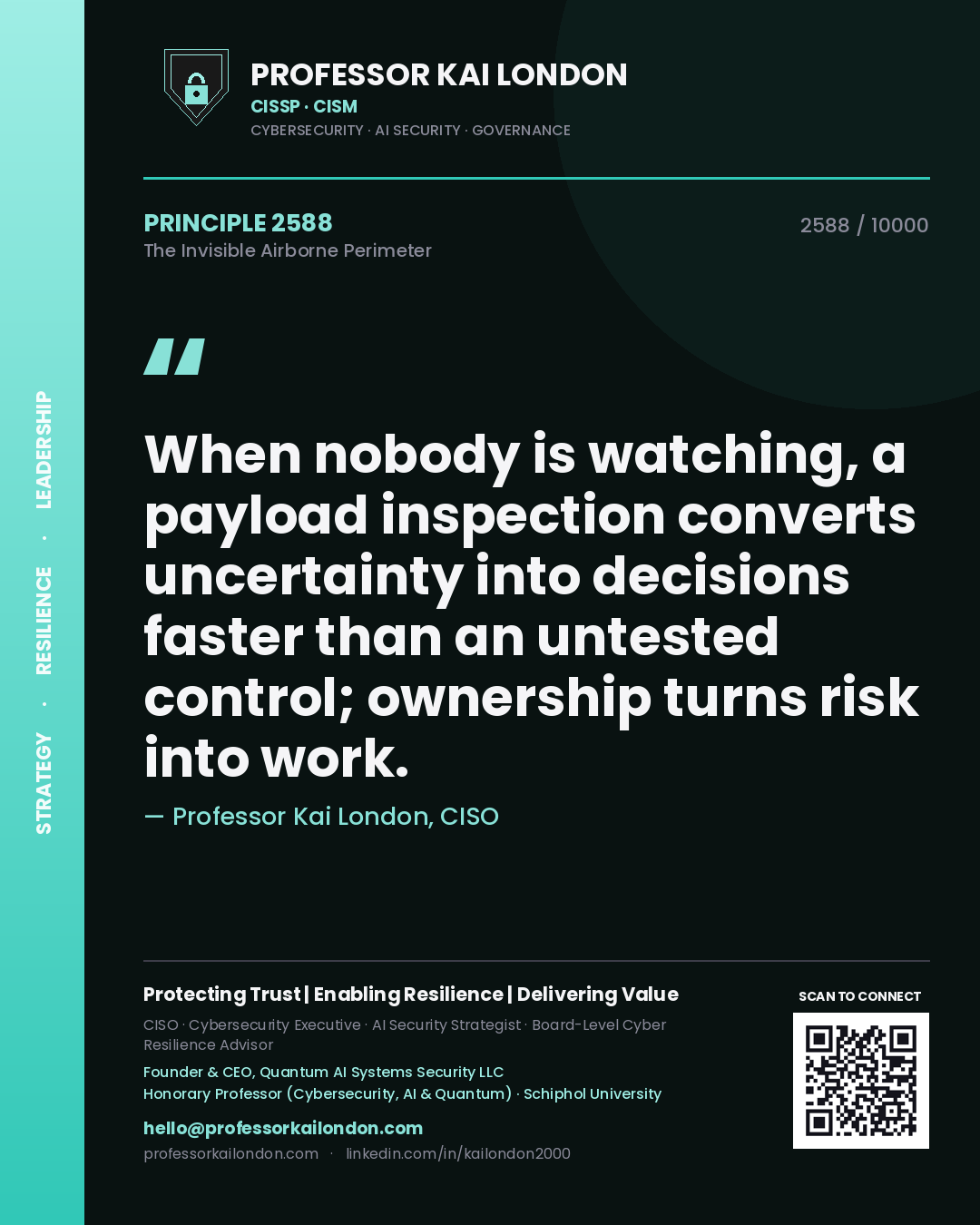 Quote card by Professor Kai London reading 'When nobody is watching, a payload inspection converts uncertainty into decisions faster than an untested control; ownership turns risk into work.'. From the book The Invisible Airborne Perimeter.