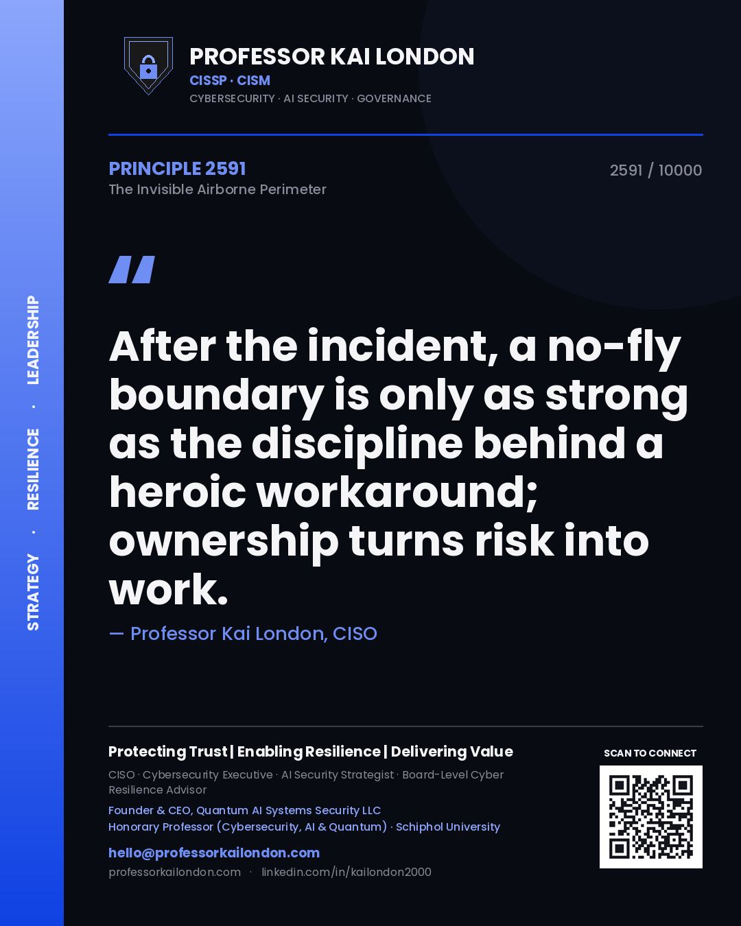 Quote card by Professor Kai London reading 'After the incident, a no-fly boundary is only as strong as the discipline behind a heroic workaround; ownership turns risk into work.'. From the book The Invisible Airborne Perimeter.