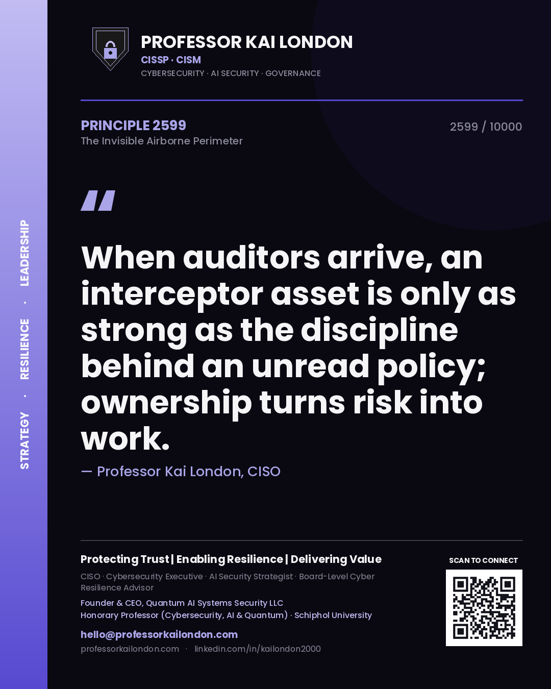 Quote card by Professor Kai London reading 'When auditors arrive, an interceptor asset is only as strong as the discipline behind an unread policy; ownership turns risk into work.'. From the book The Invisible Airborne Perimeter.
