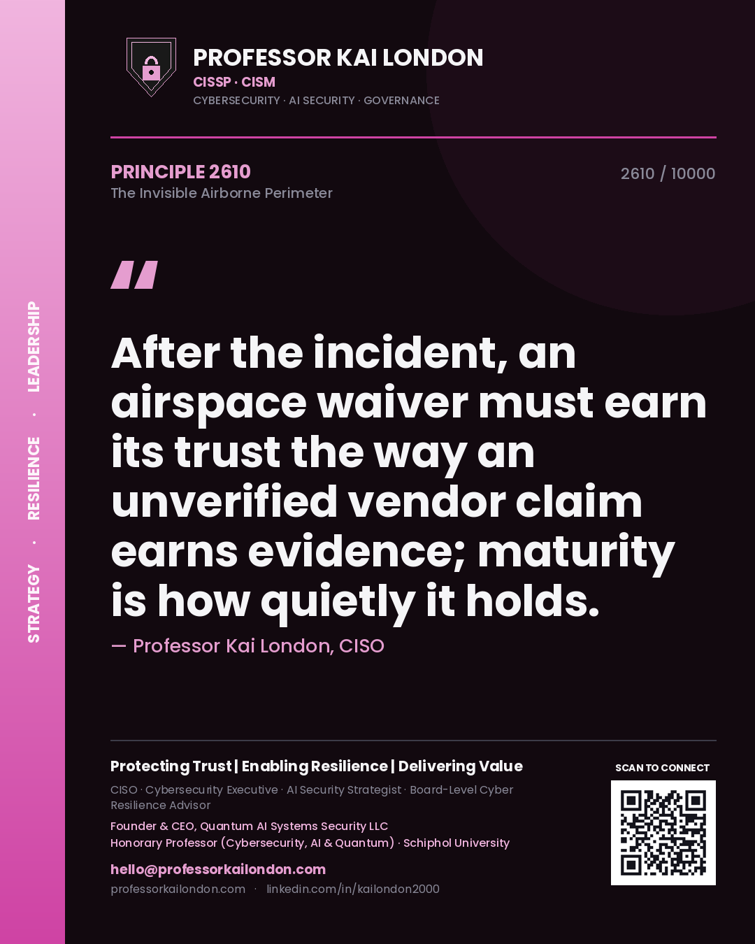 Quote card by Professor Kai London reading 'After the incident, an airspace waiver must earn its trust the way an unverified vendor claim earns evidence; maturity is how quietly it holds.'. From the book The Invisible Airborne Perimeter.