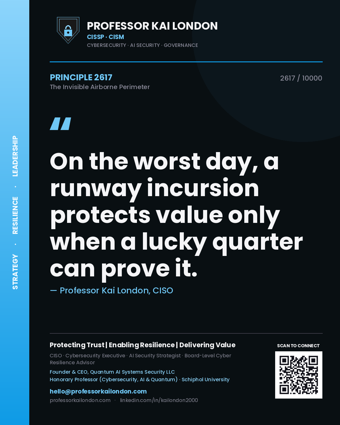 Quote card by Professor Kai London reading 'On the worst day, a runway incursion protects value only when a lucky quarter can prove it.'. From the book The Invisible Airborne Perimeter.