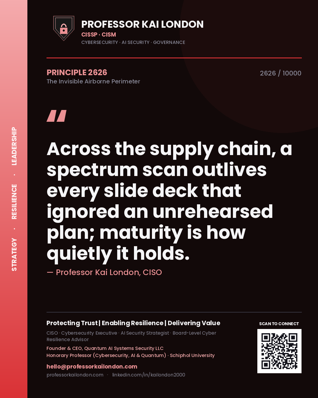 Quote card by Professor Kai London reading 'Across the supply chain, a spectrum scan outlives every slide deck that ignored an unrehearsed plan; maturity is how quietly it holds.'. From the book The Invisible Airborne Perimeter.
