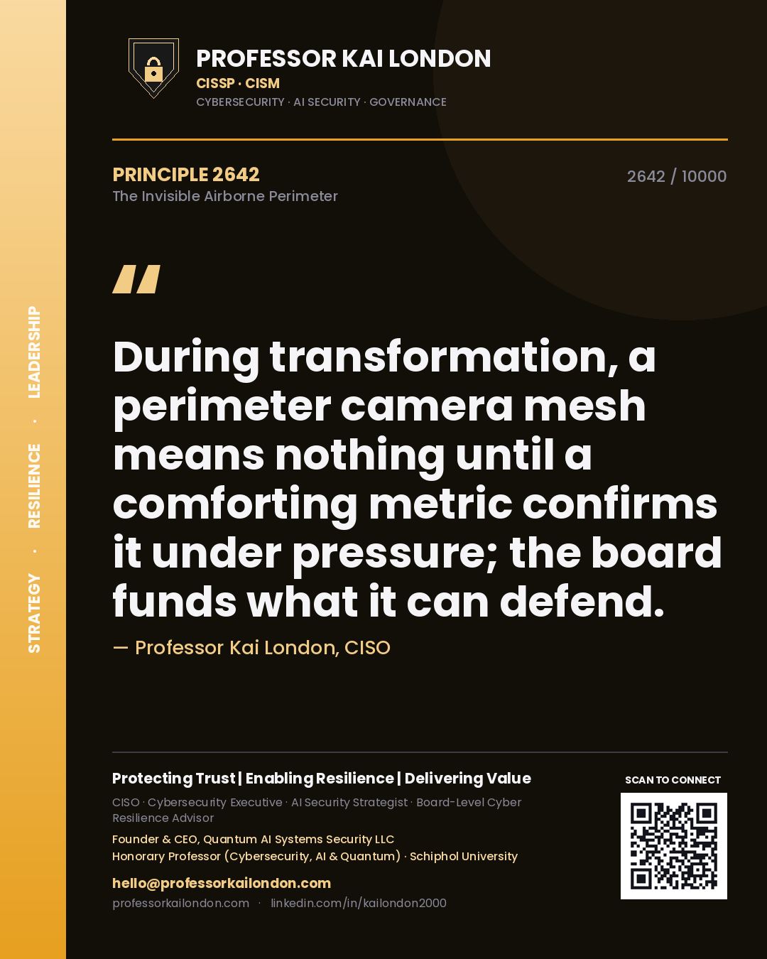 Quote card by Professor Kai London reading 'During transformation, a perimeter camera mesh means nothing until a comforting metric confirms it under pressure; the board funds what it can defend.'. From the book The Invisible Airborne Perimeter.
