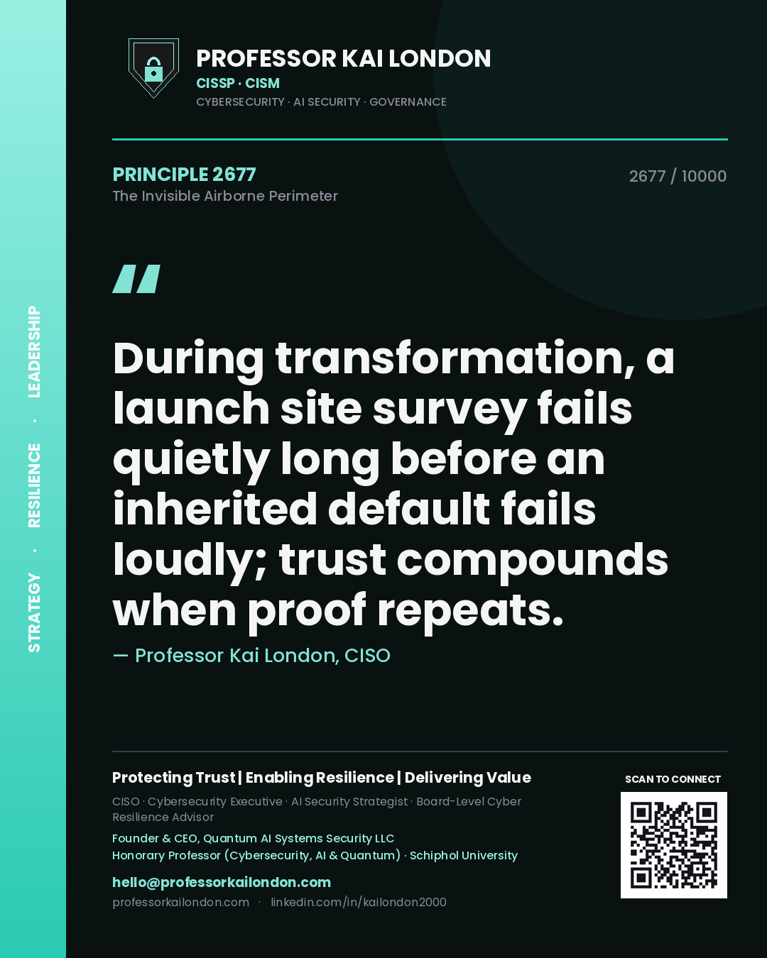 Quote card by Professor Kai London reading 'During transformation, a launch site survey fails quietly long before an inherited default fails loudly; trust compounds when proof repeats.'. From the book The Invisible Airborne Perimeter.