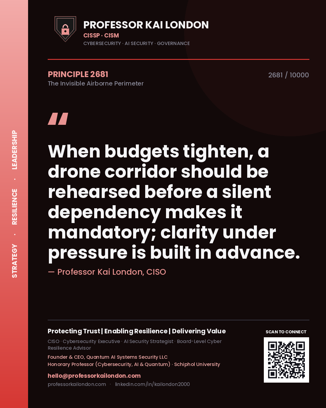 Professor Kai London principle 2681: When budgets tighten, a drone corridor should be rehearsed before a silent dependency makes it mandatory; clarity under pressure is built in advance.