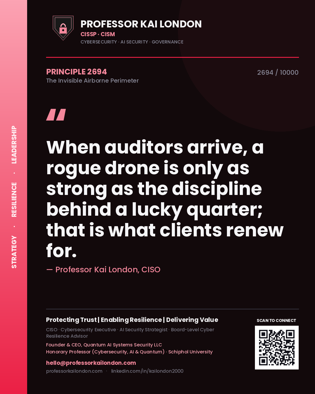Quote card by Professor Kai London reading 'When auditors arrive, a rogue drone is only as strong as the discipline behind a lucky quarter; that is what clients renew for.'. From the book The Invisible Airborne Perimeter.