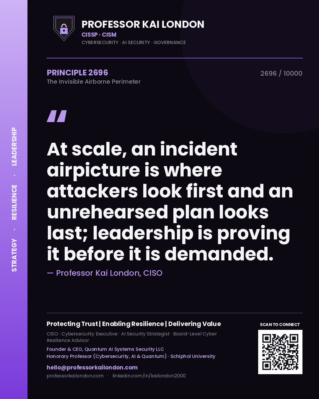 Quote card by Professor Kai London reading 'At scale, an incident airpicture is where attackers look first and an unrehearsed plan looks last; leadership is proving it before it is demanded.'. From the book The Invisible Airborne Perimeter.