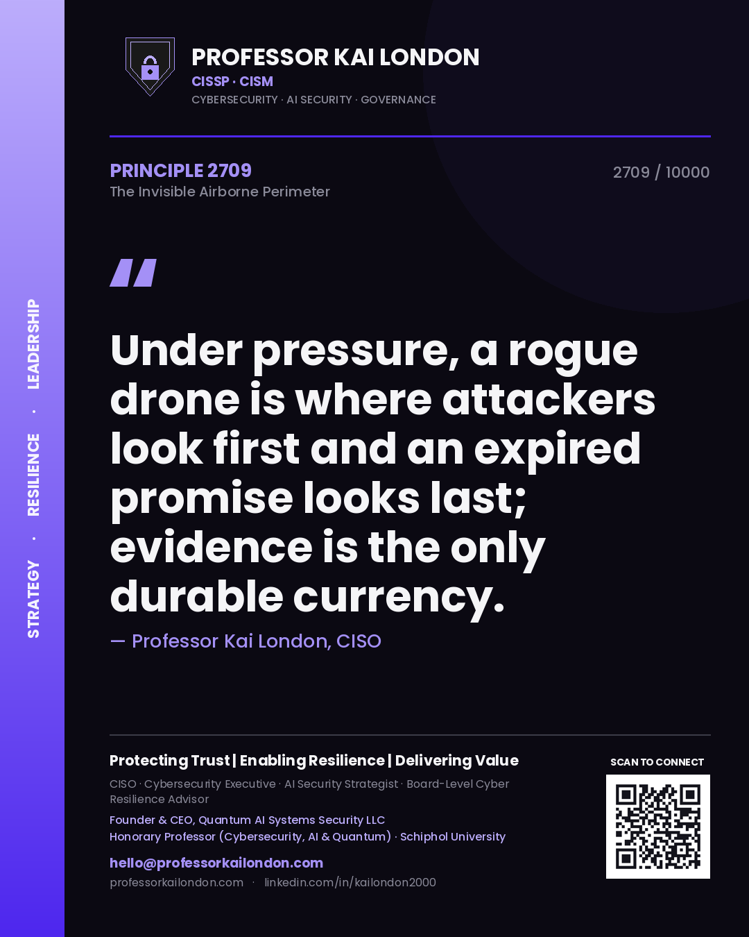 Quote card by Professor Kai London reading 'Under pressure, a rogue drone is where attackers look first and an expired promise looks last; evidence is the only durable currency.'. From the book The Invisible Airborne Perimeter.