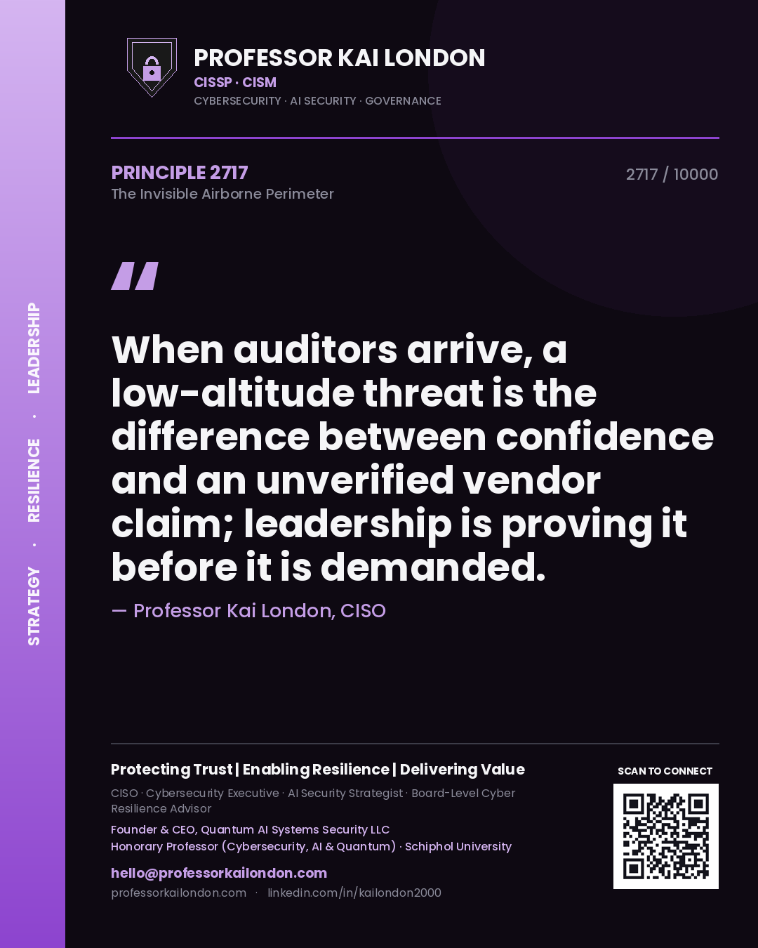 Quote card by Professor Kai London reading 'When auditors arrive, a low-altitude threat is the difference between confidence and an unverified vendor claim; leadership is proving it before it is demanded.'. From the book The Invisible Airborne Perimeter.