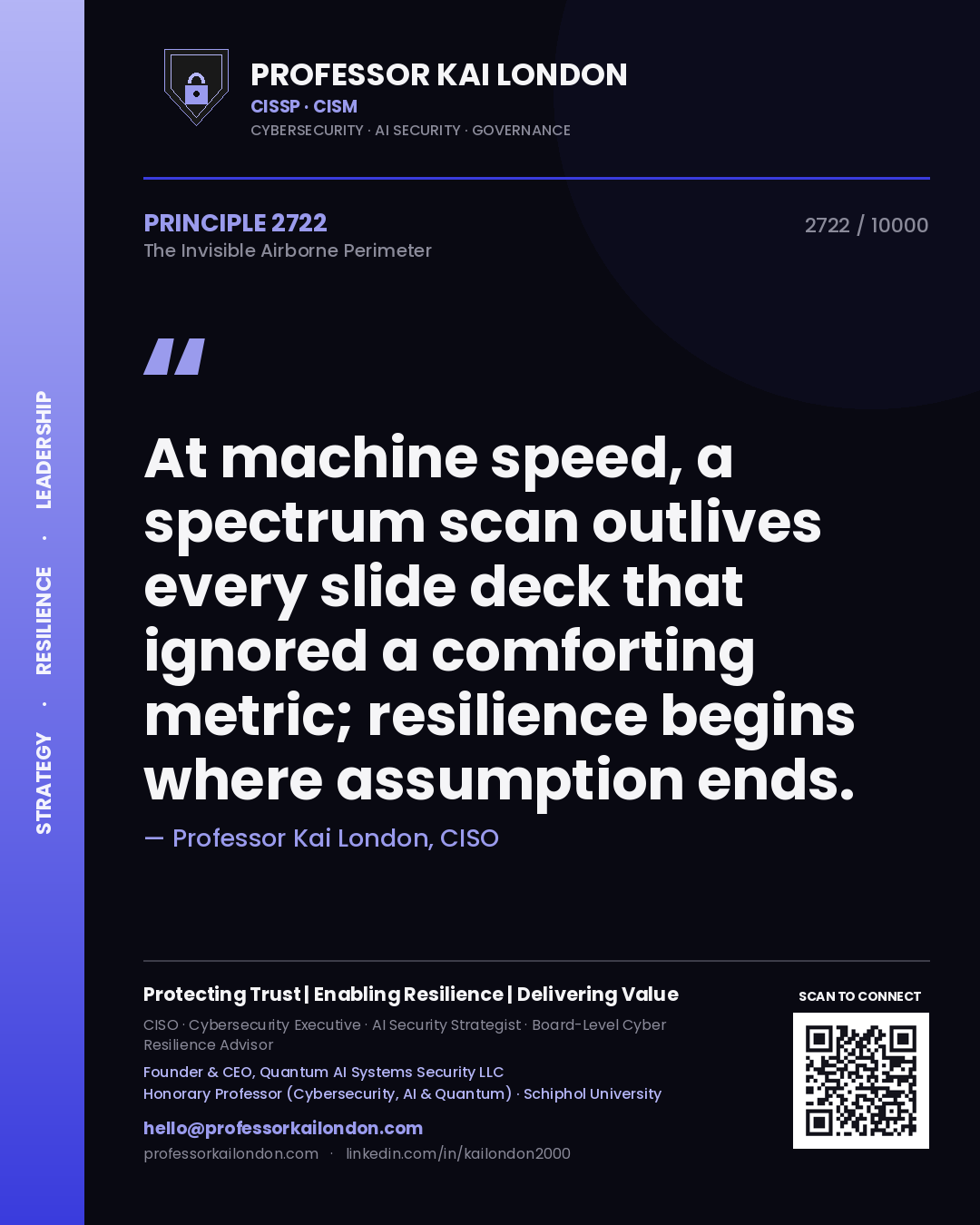 Quote card by Professor Kai London reading 'At machine speed, a spectrum scan outlives every slide deck that ignored a comforting metric; resilience begins where assumption ends.'. From the book The Invisible Airborne Perimeter.