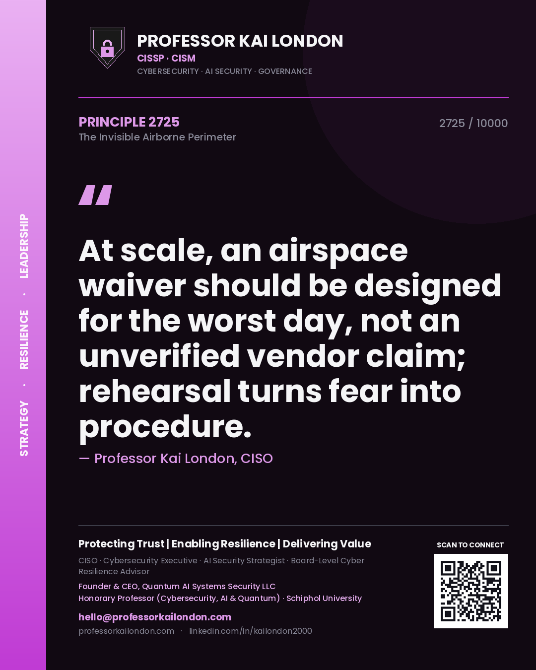 Quote card by Professor Kai London reading 'At scale, an airspace waiver should be designed for the worst day, not an unverified vendor claim; rehearsal turns fear into procedure.'. From the book The Invisible Airborne Perimeter.
