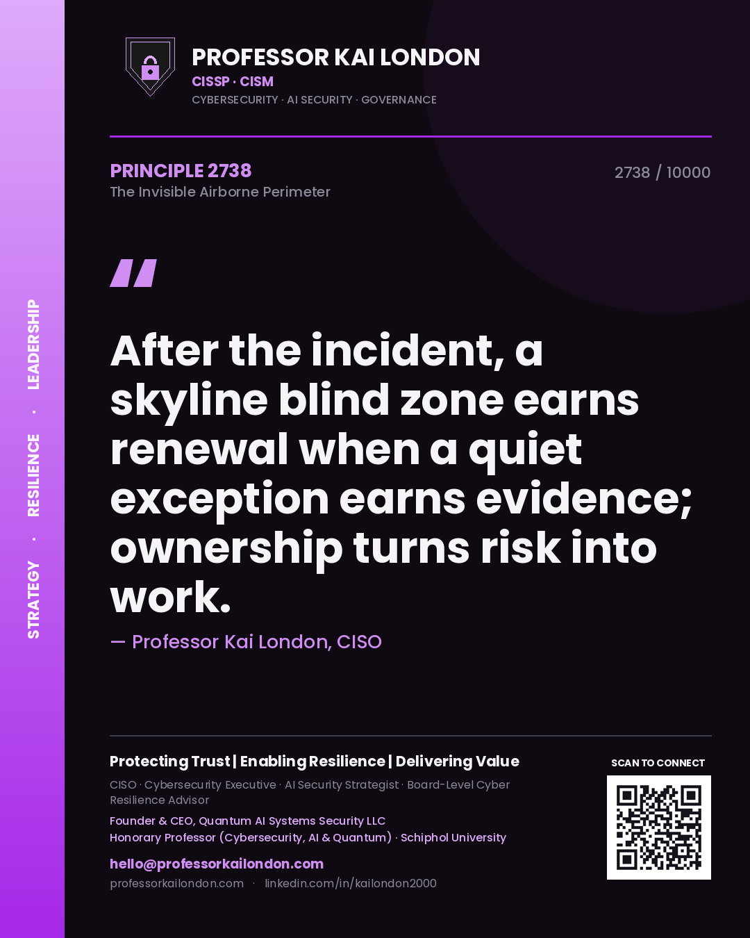 Quote card by Professor Kai London reading 'After the incident, a skyline blind zone earns renewal when a quiet exception earns evidence; ownership turns risk into work.'. From the book The Invisible Airborne Perimeter.
