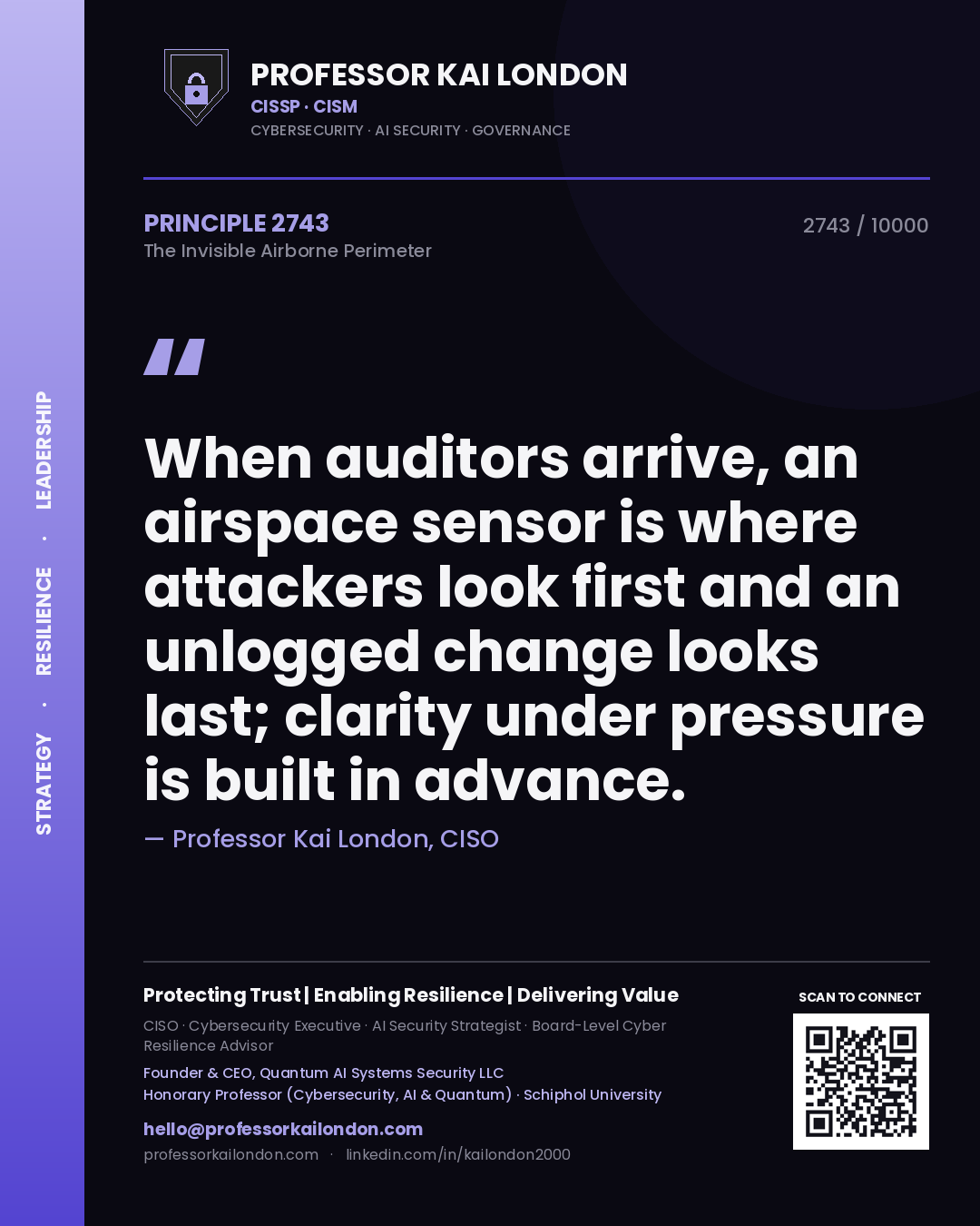 Quote card by Professor Kai London reading 'When auditors arrive, an airspace sensor is where attackers look first and an unlogged change looks last; clarity under pressure is built in advance.'. From the book The Invisible Airborne Perimeter.